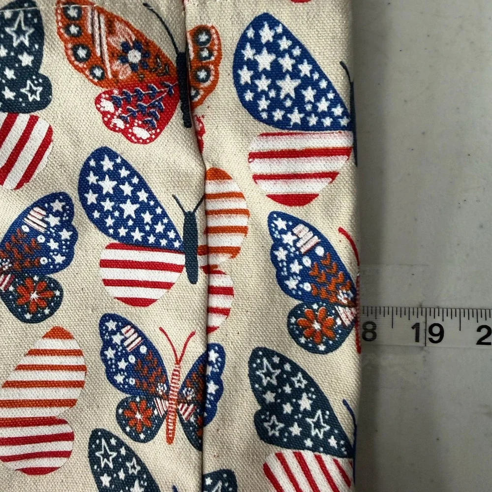 Canvas Boho Butterfly Flag Print Tote Bag Red White Blue Pom‎ Pom Red Straps